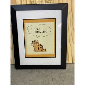 Completed Cross stitch vintage‎ Garfield Picture Framed 'Big Fat Hairy Deal'